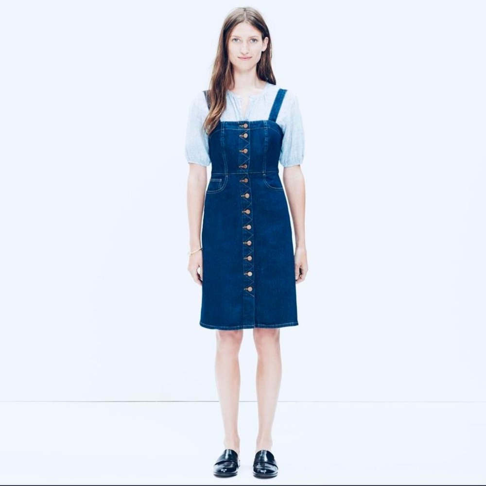 Madewell Dark Blue Denim Button-Front Pinafore Dress